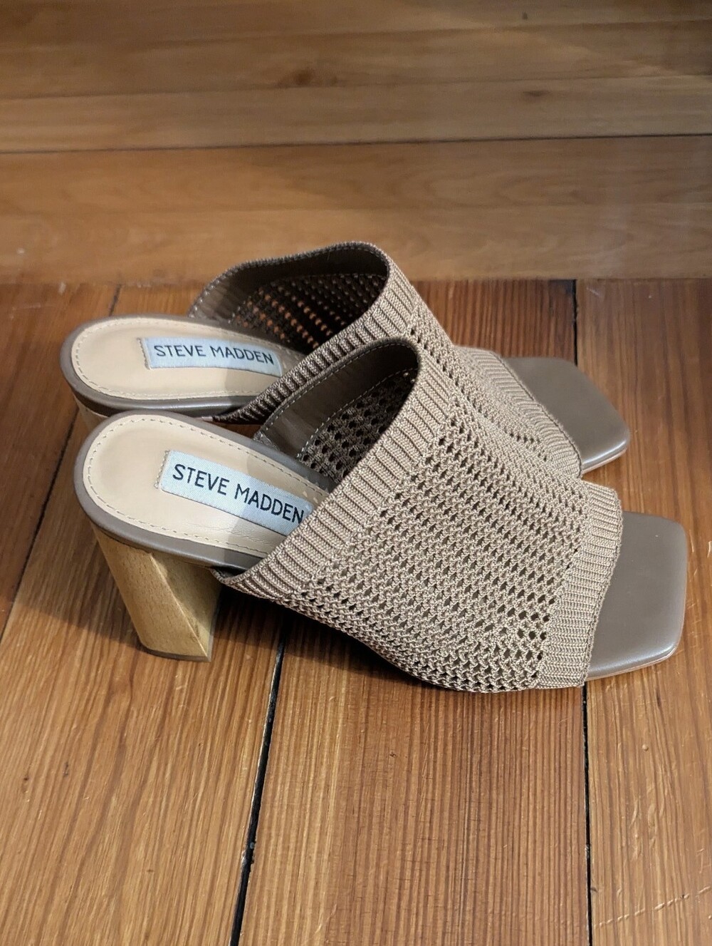 Steve Madden Realize Knit Block Heel Mule Sandals Brown Size 6